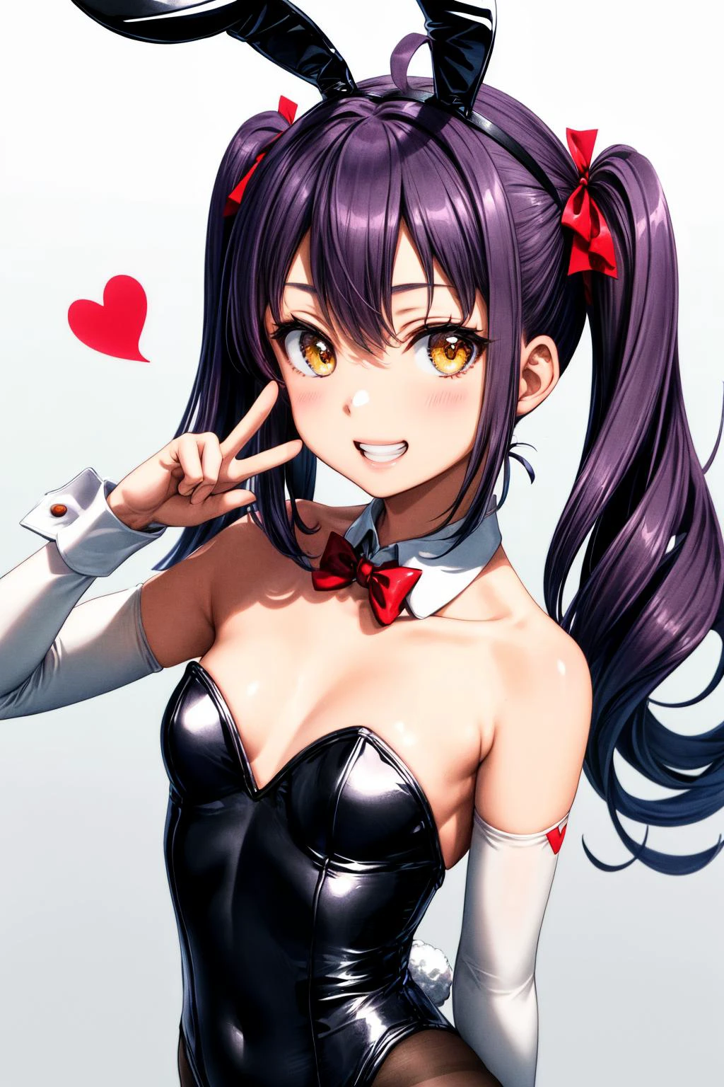 (masterpiece), best quality, (((ultra detailed, 8k quality))), expressive eyes, perfect face, perfect anatomy, perfect body, scene, <lora:scene_:0.7>, <lora:more_details:0.7>, <lora:beautiful_detailed_eyes:0.5>, <lora:GoodHands-beta2:0.7>, <lora:give_it_a_name:0.7>,
<lora:HighSchoolFleet_SurugaRuna:0.8>, SurugaRuna, 1girl, open mouth, light smile, purple hair, brown eyes, long hair, twintails, ahoge, bare shoulders, brown pantyhose, bowtie, rabbit ears, red bow, black leotard, wrist cuffs, strapless, detached collar, fake animal ears, playboy bunny, red bowtie, leotard, strapless leotard, elbow gloves, grin, peace sign, close portrait ,
