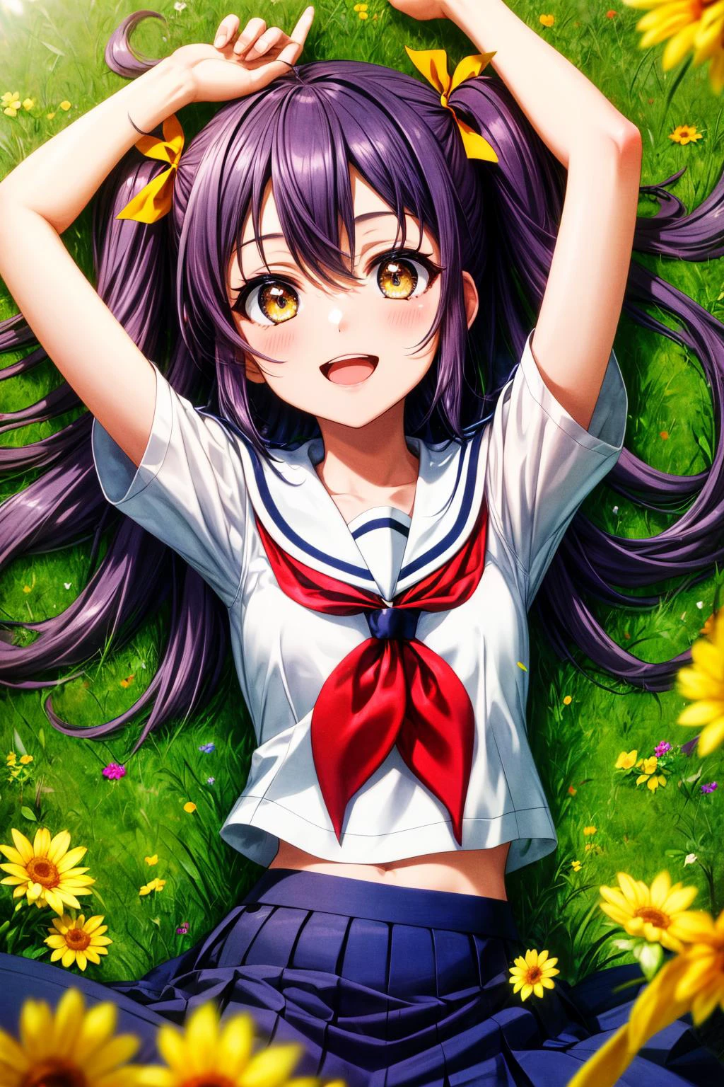 (masterpiece), best quality, (((ultra detailed, 8k quality))), expressive eyes, perfect face, perfect anatomy, perfect body, scene, <lora:scene_:0.7>, <lora:more_details:0.7>, <lora:beautiful_detailed_eyes:0.5>, <lora:GoodHands-beta2:0.7>, <lora:give_it_a_name:0.7>,
<lora:HighSchoolFleet_SurugaRuna:0.8>, SurugaRuna, 1girl, open mouth, light smile, purple hair, brown eyes, long hair, twintails, ahoge, orange ribbon, serafuku, sailor collar, blue skirt, red neckerchief, short sleeves, standing, looking at viewer,
field, flower field, lying on ground, smile,