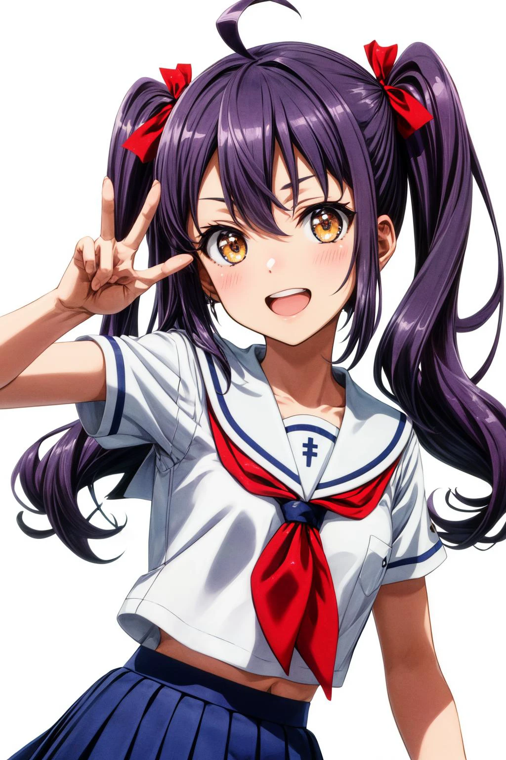 (masterpiece), best quality, (((ultra detailed, 8k quality))), expressive eyes, perfect face, perfect anatomy, perfect body, scene, <lora:scene_:0.7>, <lora:more_details:0.7>, <lora:beautiful_detailed_eyes:0.5>, <lora:GoodHands-beta2:0.7>, <lora:give_it_a_name:0.7>,
<lora:HighSchoolFleet_SurugaRuna:0.8>, SurugaRuna, 1girl, open mouth, light smile, purple hair, brown eyes, long hair, twintails, ahoge, serafuku, sailor collar, blue skirt, red neckerchief, short sleeves grin, peace sign, close portrait ,