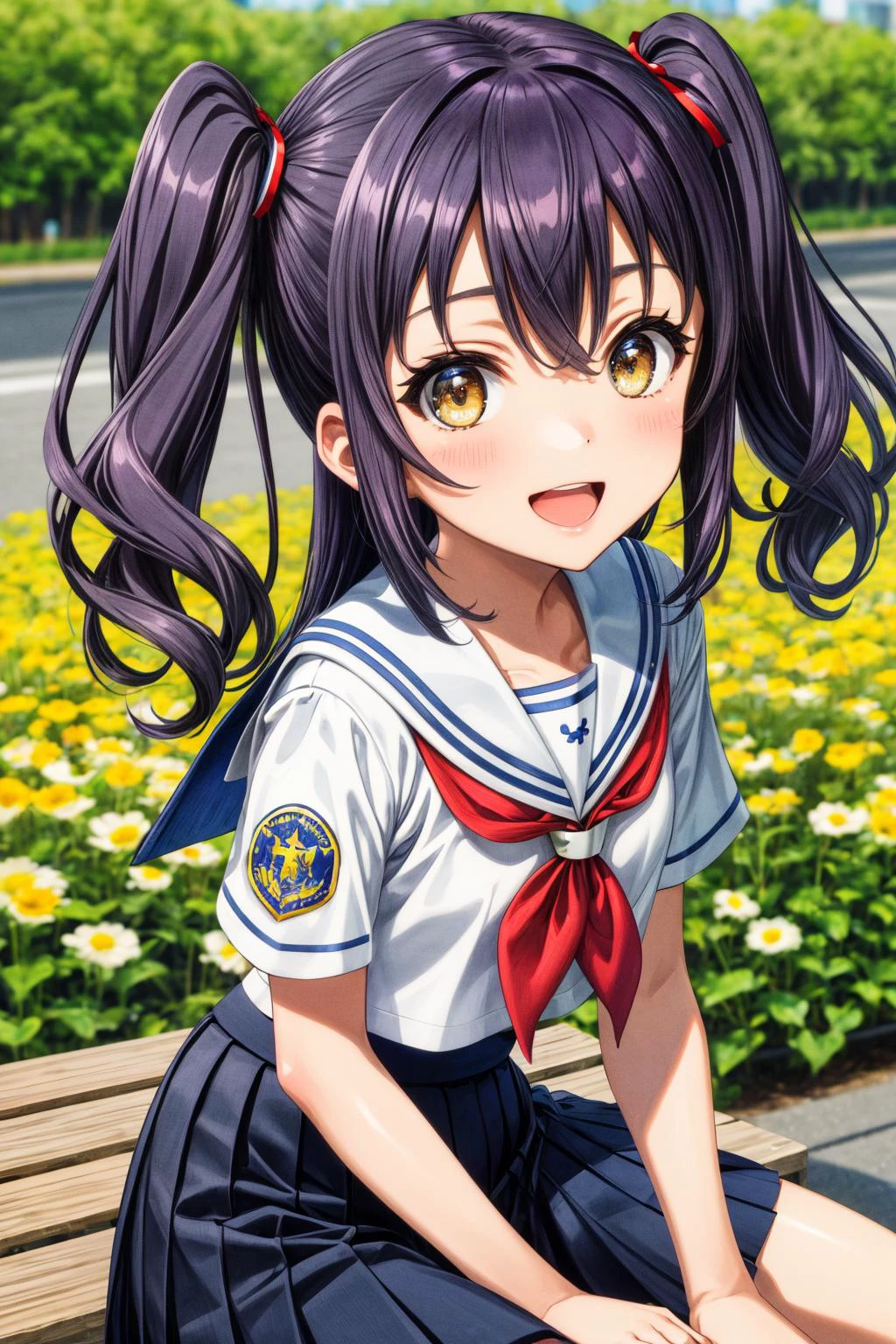 (masterpiece), best quality, (((ultra detailed, 8k quality))), expressive eyes, perfect face, perfect anatomy, perfect body, scene, <lora:scene_:0.7>, <lora:more_details:0.7>, <lora:beautiful_detailed_eyes:0.5>, <lora:GoodHands-beta2:0.7>, <lora:give_it_a_name:0.7>,
<lora:HighSchoolFleet_SurugaRuna:0.8>, SurugaRuna, 1girl, open mouth, light smile, purple hair, brown eyes, long hair, twintails
outdoor, flower field, sitting, knee up, looking at viewer, serafuku, sailor collar, blue skirt, red neckerchief, short sleeves