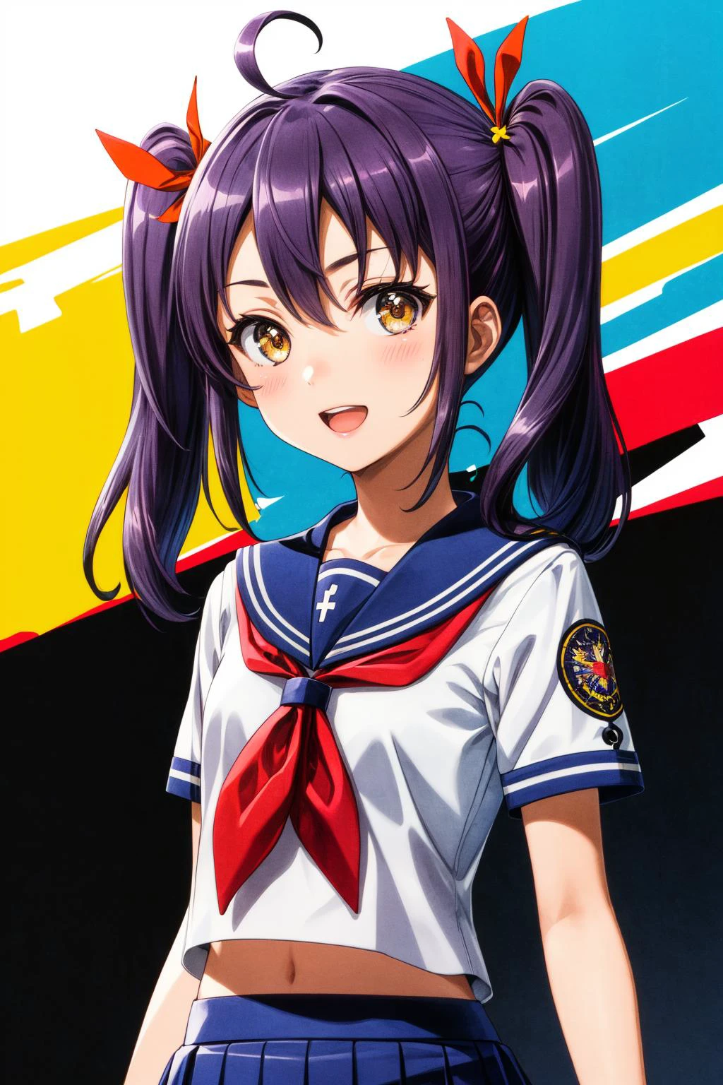 (masterpiece), best quality, (((ultra detailed, 8k quality))), expressive eyes, perfect face, perfect anatomy, perfect body, scene, <lora:scene_:0.7>, <lora:more_details:0.7>, <lora:beautiful_detailed_eyes:0.5>, <lora:GoodHands-beta2:0.7>, <lora:give_it_a_name:0.7>,
<lora:HighSchoolFleet_SurugaRuna:0.8>, SurugaRuna, 1girl, open mouth, light smile, purple hair, brown eyes, long hair, twintails, ahoge, orange ribbon, serafuku, sailor collar, blue skirt, red neckerchief, short sleeves, standing, looking at viewer, facing viewer, arms at sides