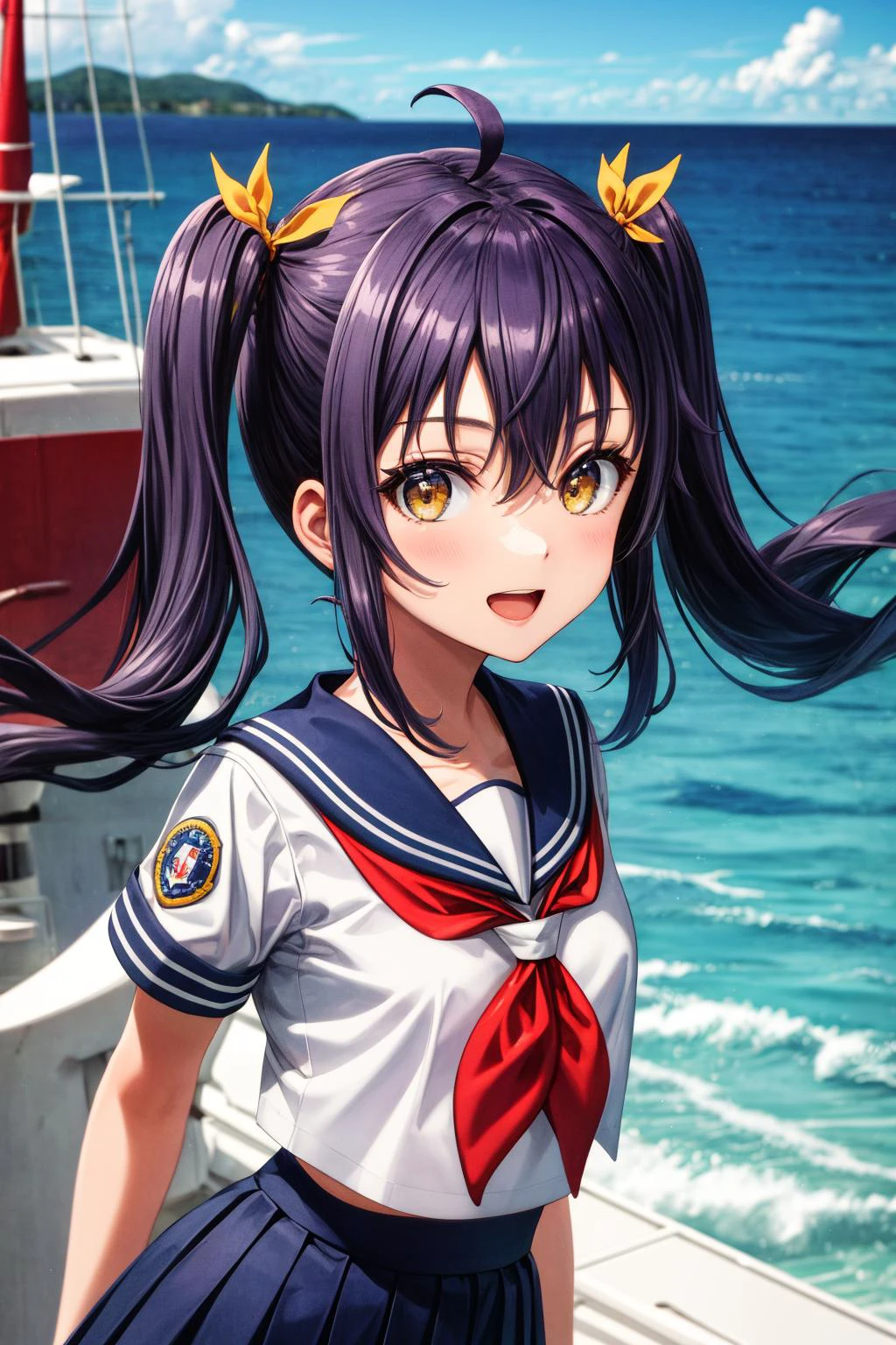 (masterpiece), best quality, (((ultra detailed, 8k quality))), expressive eyes, perfect face, perfect anatomy, perfect body, scene, <lora:scene_:0.7>, <lora:more_details:0.7>, <lora:beautiful_detailed_eyes:0.5>, <lora:GoodHands-beta2:0.7>, <lora:give_it_a_name:0.7>,
<lora:HighSchoolFleet_SurugaRuna:0.8>, SurugaRuna, 1girl, open mouth, light smile, purple hair, brown eyes, long hair, twintails, ahoge, orange ribbon, serafuku, sailor collar, blue skirt, red neckerchief, short sleeves, standing, looking at viewer, facing viewer, arms at sides, ocean, (ship, military vehicle:1.2)