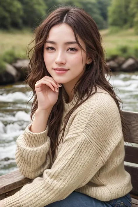 Nancy Momoland Jewel-1350 ((Wearing a sweater and distressed jeans)), ((Professional Photo Shoot)), ((out in the country next to a river)), ((sitting on a bench next to a river)), ((smiling)), ((Real skin with Pores:1.2)), model shoot style, extremely intricate, High Detail, Sharp focus, dramatic, soft cinematic light, (looking at viewer), (Real Eyes), (Detailed Eye Corneas) (detailed pupils), smiling, 24mm, photo lab, elegant, insane details, hyperdetailed, low contrast, epiCRealism, (((SFW)))