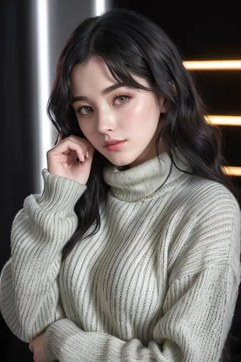 Nancy Momoland Jewel ((Wearing turtleneck sweater and distressed jeans)), ((In a night club)), extremely intricate, High Detail, Sharp focus, dramatic, soft cinematic light, (looking at viewer), (Real Eyes), (Detailed Eye Corneas) (detailed pupils), smiling, 24mm, photo lab, elegant, insane details, hyperdetailed, low contrast, epiCRealism, (((SFW)))