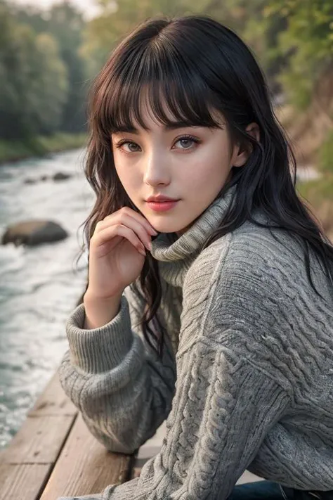 Nancy Momoland Jewel ((Wearing turtleneck sweater and distressed jeans)), ((in the country next to a river)), ((sitting on a bench next to a river)), extremely intricate, High Detail, Sharp focus, dramatic, soft cinematic light, (looking at viewer), (Real Eyes), (Detailed Eye Corneas) (detailed pupils), smiling, 24mm, photo lab, elegant, insane details, hyperdetailed, low contrast, epiCRealism, (((SFW)))