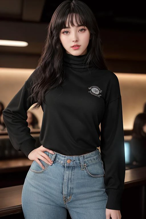 Nancy Momoland Jewel ((Wearing a long sleeve turtleneck & jeans)), ((in a night club)), model shoot style, extremely intricate, High Detail, Sharp focus, dramatic, soft cinematic light, (looking at viewer), (Real Eyes), (Detailed Eye Corneas) (detailed pupils), smiling, 24mm, photo lab, elegant, insane details, hyperdetailed, low contrast, epiCRealism, (((Safe For Work)))
