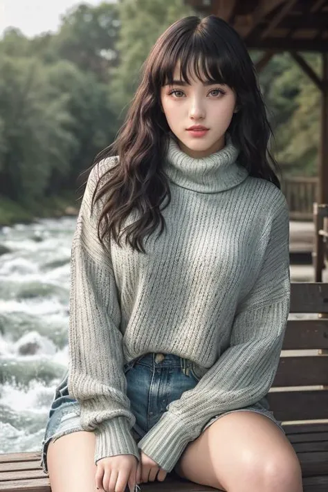 pureerosface_v1:0.3, best quality, photorealistic, 8k, high res, full color, 1girl, woman, 20 years old woman, closed mouth, (skindentation), (portrait:0.6), trees, park bench, daylight, ((park background:1.52)), full color, ((necksweater:1.68)), looking at viewer:1.8, (1girl eyes looking at viewer:1.55), (medium-length hair, blackhair, partedbangs:1.45), (bokeh), (gigantic breasts:1.3), curvy body,
