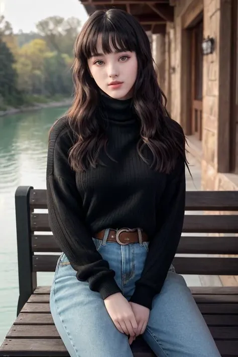 Nancy Momoland Jewel ((Wearing a long sleeve turtleneck & jeans)), ((in a night club)), ((sitting on a bench next to a river)), model shoot style, extremely intricate, High Detail, Sharp focus, dramatic, soft cinematic light, (looking at viewer), (Real Eyes), (Detailed Eye Corneas) (detailed pupils), smiling, 24mm, photo lab, elegant, insane details, hyperdetailed, low contrast, epiCRealism, (((Safe For Work)))