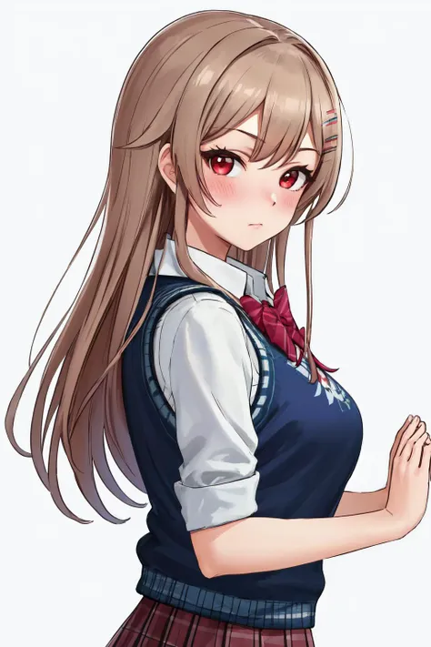 masterpiece, (detailed, highres, best quality), 1girl, <lora:spfureneLustario:1> lustario4st, hairclip, school uniform, collared shirt, red bowtie, sweater vest, pleated skirt, from side, simple background, upper body, white background, blush, closed mouth, looking at viewer, own hands together, solo
