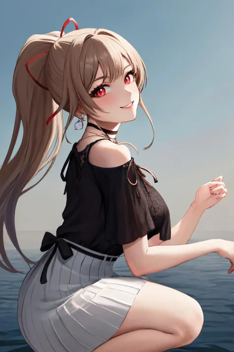 masterpiece, (detailed, highres, best quality), 1girl, <lora:spfureneLustario:1> lustario1st, lustario2st, high ponytail, earrings, black choker, black shirt, white skirt, hair ribbon, shoulder cutout, necklace, floating hair, from side, hand up, light smile, looking at viewer, looking up, solo, squatting