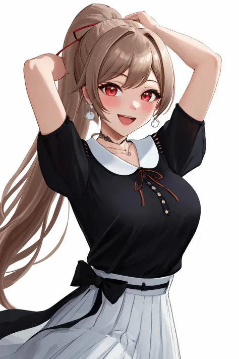 masterpiece, (detailed, highres, best quality), 1girl, <lora:spfureneLustario:1> lustario1st, lustario2st, high ponytail, earrings, black choker, black shirt, white skirt, hair ribbon, shoulder cutout, necklace, cowboy shot, umbrella, white background, wind, :d, arms up, blush, holding, open mouth, smile, solo