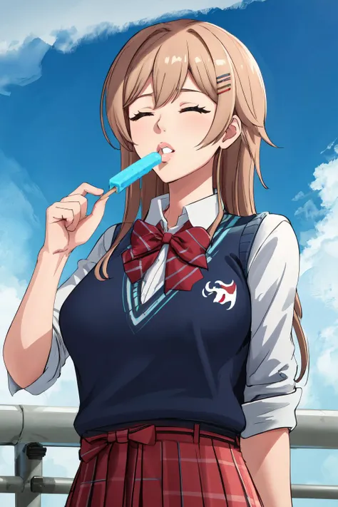 masterpiece, (detailed, highres, best quality), 1girl, <lora:spfureneLustario:1> lustario4st, hairclip, school uniform, collared shirt, red bowtie, sweater vest, pleated skirt, blue sky, cloud, food, outdoors, popsicle, sky, closed eyes, parted lips, solo