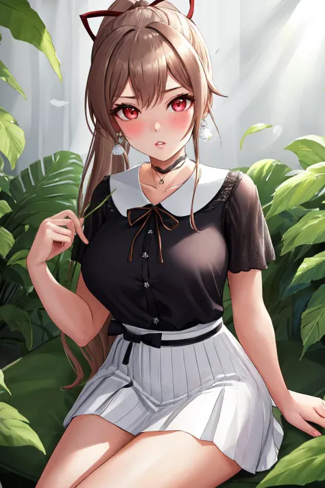 masterpiece, (detailed, highres, best quality), 1girl, <lora:spfureneLustario:1> lustario2st, high ponytail, earrings, black choker, black shirt, white skirt, hair ribbon, shoulder cutout, necklace, blurry, leaf, plant, sunlight, web address, blush, holding, looking at viewer, parted lips, sitting, solo