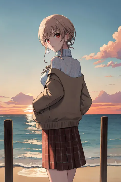 masterpiece, (detailed, highres, best quality), 1girl, <lora:spfureneLustario:1> lustario3st, earrings, necklace, turtleneck sweater, brown jacket, plaid skirt, beach, cloud, cloudy sky, fence, from behind, horizon, lamppost, lightning, ocean, outdoors, sky, sunrise, water, wide shot, hands in pockets, looking at viewer, solo