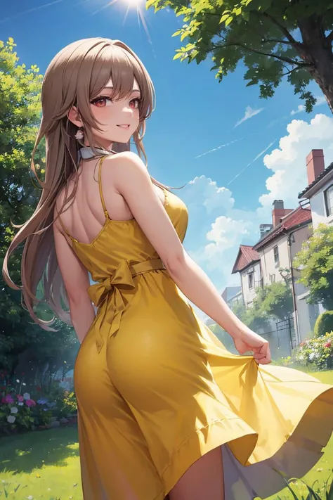 masterpiece, best quality, absurdres, lustario3st, long hair, from behind, (yellow sundress), garden, day, sunshine, smile, looking back, <lora:spfureneLustario-09:0.8>
