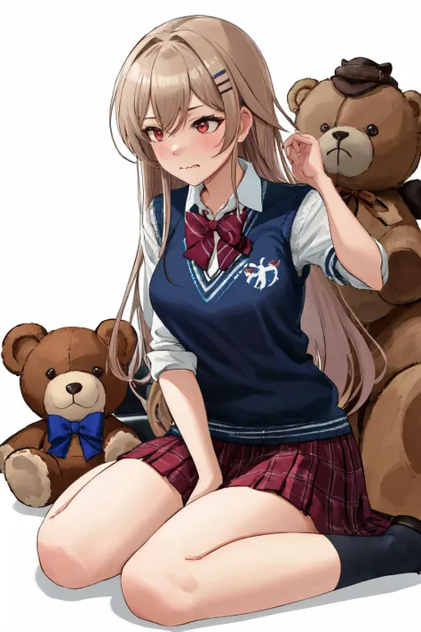 masterpiece, (detailed, highres, best quality), 1girl, <lora:spfureneLustario:1> lustario4st, hairclip, school uniform, collared shirt, red bowtie, sweater vest, pleated skirt, argyle, doughnut, food, full body, stuffed animal, stuffed toy, teddy bear, white background, bloom, closed mouth, hair tucking, hand up, looking away, looking down, sitting, solo, wavy mouth