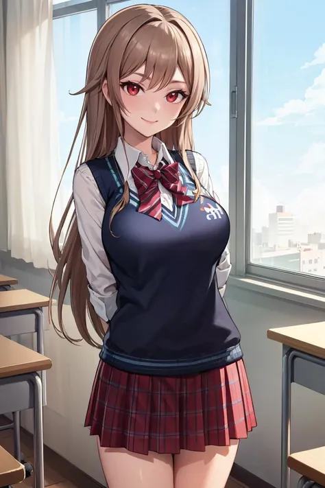 masterpiece, best quality, absurdres, lustario4st, hairclip, school uniform, collared shirt, red bowtie, sweater vest, pleated skirt, classroom, window, arms behind back, smile, <lora:spfureneLustario-09:1>