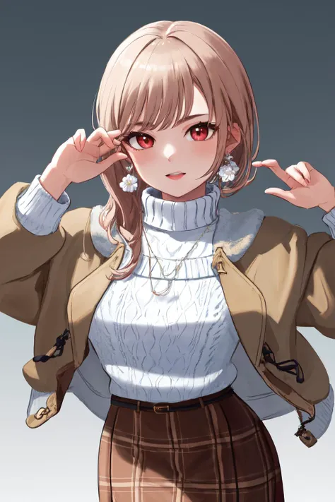 masterpiece, (detailed, highres, best quality), 1girl, <lora:spfureneLustario:1> lustario3st, earrings, necklace, turtleneck sweater, brown jacket, plaid skirt, seiza, hands up, holding, holding flower, looking at viewer, solo, thank you