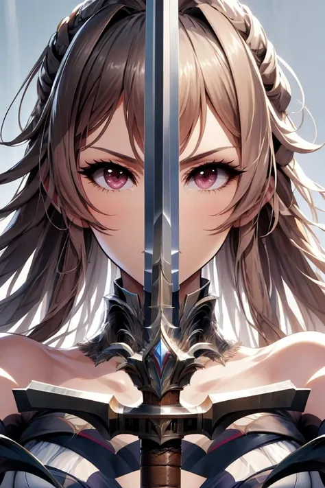 masterpiece, best quality, absurdres, lustario1st, dress, white dress, cleavage, detached sleeves, bridal gauntlets, <lora:spfureneLustario-09:1>, <lora:swordup-pose-richy-v1:1.2>, swordup, looking at viewer, close-up