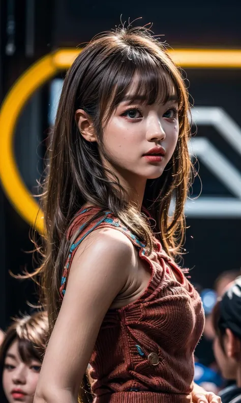 Beautiful woman,View your viewers, High Contrast, Low light, Vibrant, Very detailed, Brown Hair Color, Glowing Eyes、 With a face like an elementary school student、Flat Body、accelerated background blur、Enako、Enako、Enako、Live venue background、Idol&#39;s clothes、AKB&#39;s clothing