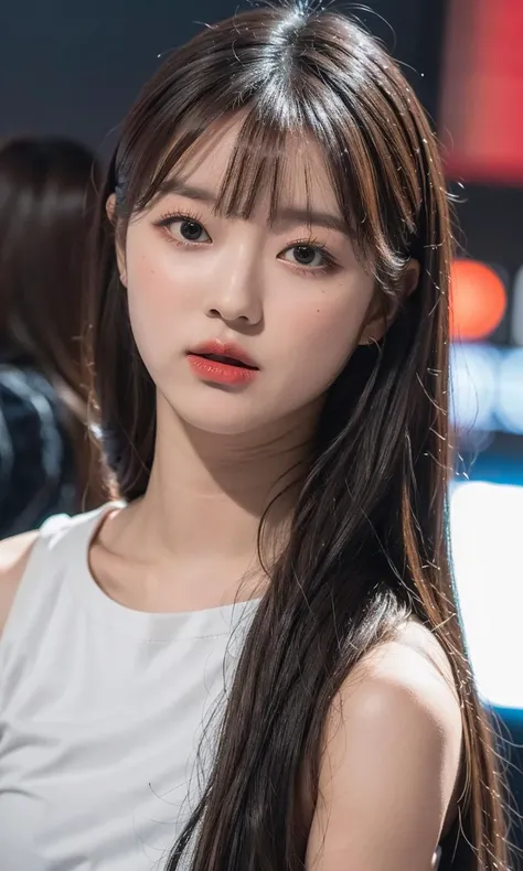 Product quality, 1 girl, (Cowboy Shot), Front view, Young and cute girl in Japan, At night, black off shoulder knit dress, Very cute face, Glossy lips, Double eyelids on both eyes, (Natural Makeup), shiny smooth light brown long hair,,, Asymmetrical bangs, Center image, 8K resolution, High detail, Detailed hairstyle, Detailed face, Cinema Lighting, Octane Rendering, Ultra-realistic, Perfect limbs, Perfect Anatomy, Showcasing cleavage、Big Breasts