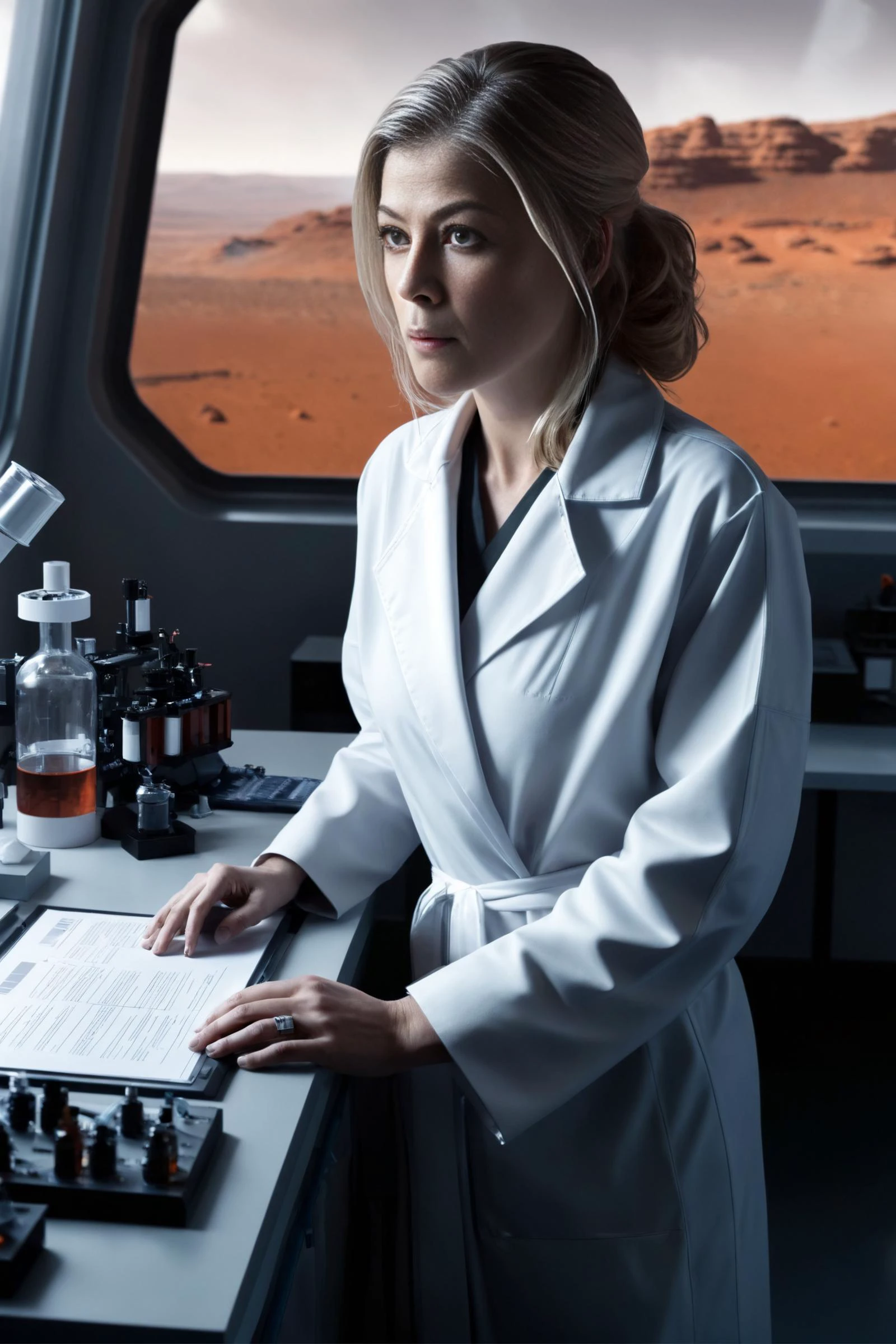 Dark Moody Atmosphere, Sci-Fi Films Photorealism <lora:RosamundPikeSDXL-000008:1>, RosamundPikeSDXL wearing researchers robe, working in a chemistry laboratory, big window, on the surface of planet mars, alien landscape ouside, horror movie style, Photorealism, often for highly detailed representation, photographic accuracy, or visual illusion., Sci-Fi Films, often for futuristic technology, space exploration, or science fiction concepts., dramatic, mysterious, dark moody atmosphere