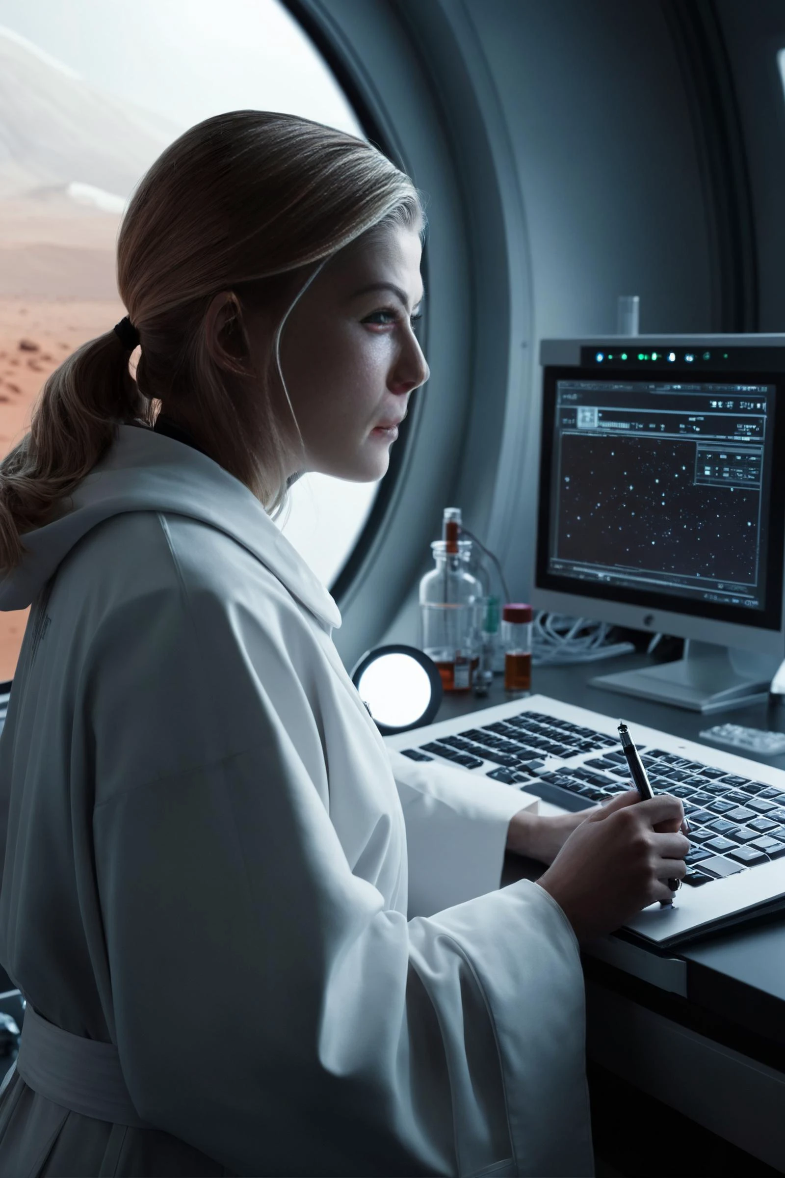Dark Moody Atmosphere, Sci-Fi Films Photorealism <lora:RosamundPikeSDXL-000008:1>, RosamundPikeSDXL wearing researchers robe, working in a chemistry laboratory, big window, on the surface of planet mars, alien landscape ouside, horror movie style, Photorealism, often for highly detailed representation, photographic accuracy, or visual illusion., Sci-Fi Films, often for futuristic technology, space exploration, or science fiction concepts., dramatic, mysterious, dark moody atmosphere
