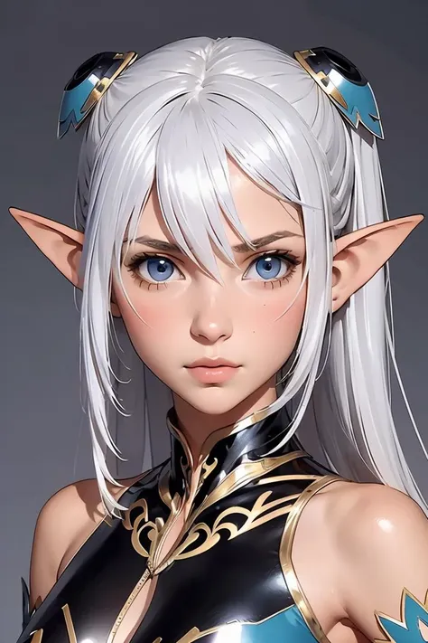 (masterpiece, best quality), 1girl, <lora:AltinaV2:0.8> Altina, elf, elven ears, silver hair, blue eyes, hair clips, bare shoulders, black collared capelet, detached sleeves, gold border, cleavage cutout, white and blue outfit, center open dress, navel, high heel boots, bow and arrow