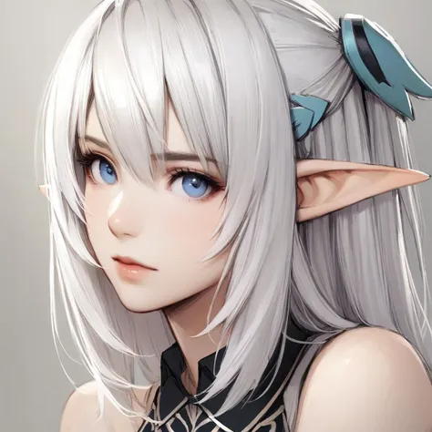 semi-realistic, 1girl, portrait <lora:AltinaXL:1> Altina, elf, elven ears, silver hair, blue eyes, hair clips, bare shoulders, black collared capelet,