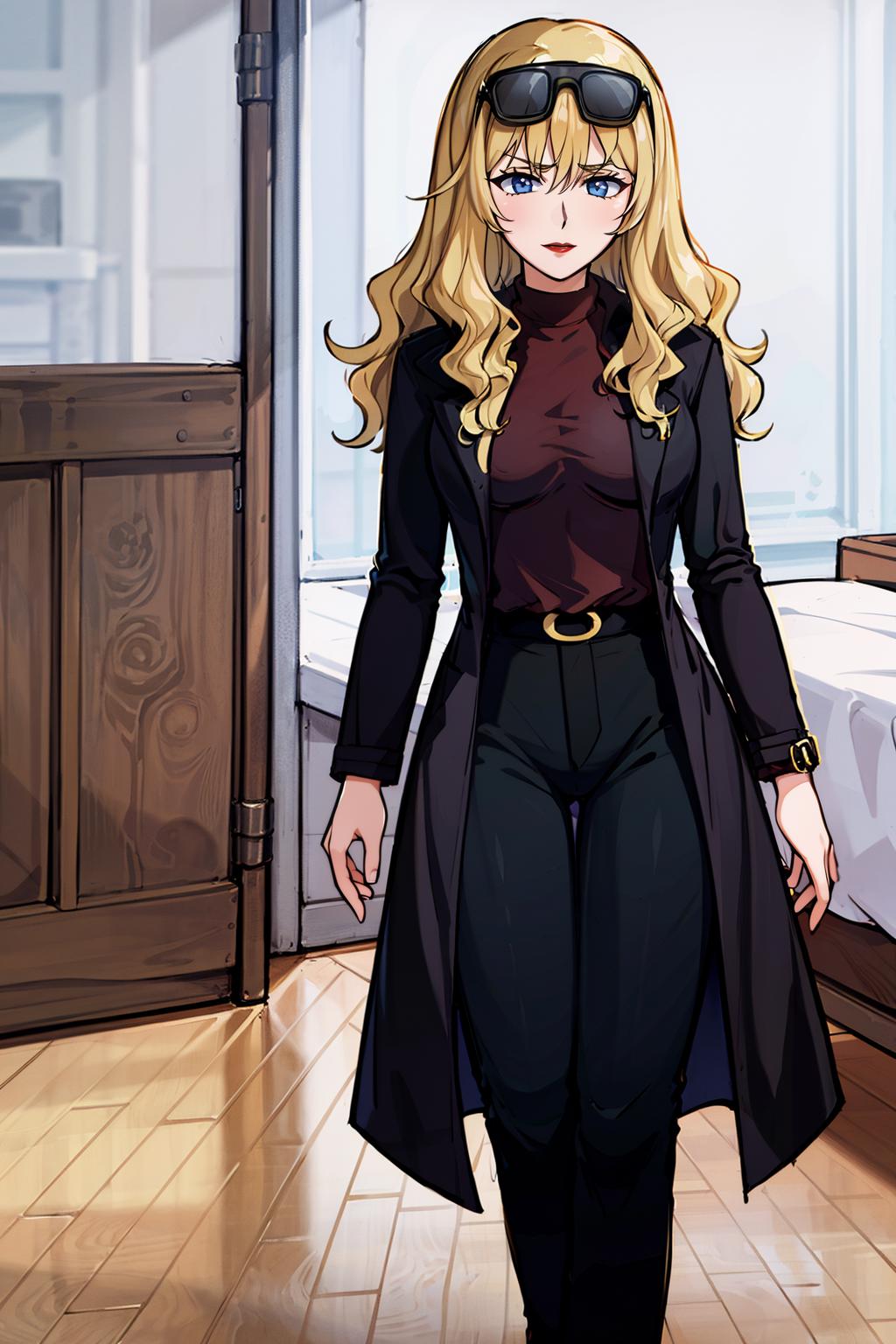 Anime - style image of a blonde woman in a black coat and black pants ...