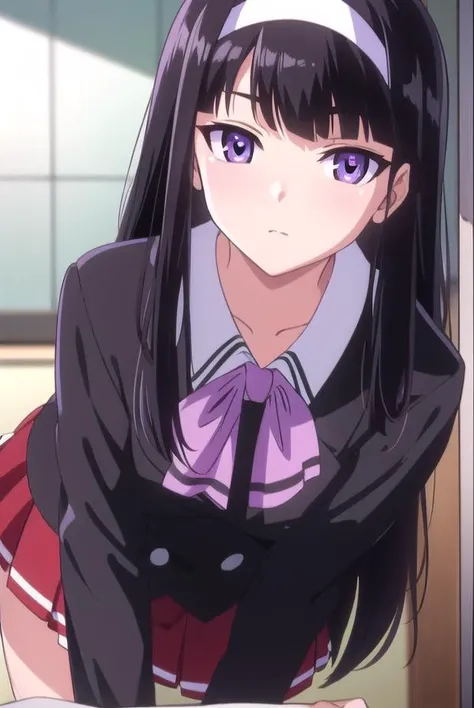 midoribyakudan, <lora:midoribyakudan-lora-nochekaiser:1>,
midori byakudan, long hair, black hair, (purple eyes:1.1),
BREAK skirt, bow, school uniform, hairband, bag, red skirt,
BREAK looking at viewer,
BREAK indoors, classroom,
BREAK <lyco:GoodHands-beta2:1>, (masterpiece:1.2), best quality, high resolution, unity 8k wallpaper, (illustration:0.8), (beautiful detailed eyes:1.6), extremely detailed face, perfect lighting, extremely detailed CG, (perfect hands, perfect anatomy),