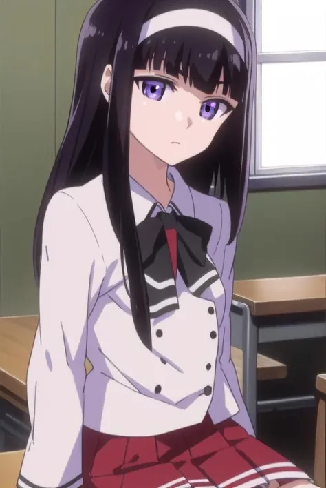 midoribyakudan, <lora:midoribyakudan-lora-nochekaiser:1>, 
midori byakudan, long hair, black hair, (purple eyes:1.1),
BREAK skirt, bow, school uniform, hairband, bag, red skirt,
BREAK looking at viewer,
BREAK indoors, classroom,
BREAK <lyco:GoodHands-beta2:1>, (masterpiece:1.2), best quality, high resolution, unity 8k wallpaper, (illustration:0.8), (beautiful detailed eyes:1.6), extremely detailed face, perfect lighting, extremely detailed CG, (perfect hands, perfect anatomy),