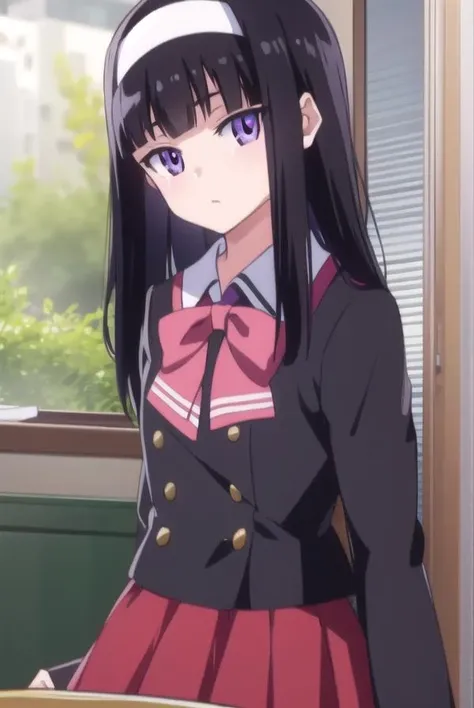 midoribyakudan, <lora:midoribyakudan-lora-nochekaiser:1>,
midori byakudan, long hair, black hair, (purple eyes:1.1),
BREAK skirt, bow, school uniform, hairband, bag, red skirt,
BREAK looking at viewer,
BREAK indoors, classroom,
BREAK <lyco:GoodHands-beta2:1>, (masterpiece:1.2), best quality, high resolution, unity 8k wallpaper, (illustration:0.8), (beautiful detailed eyes:1.6), extremely detailed face, perfect lighting, extremely detailed CG, (perfect hands, perfect anatomy),