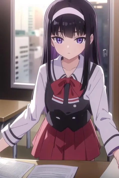 midoribyakudan, <lora:midoribyakudan-lora-nochekaiser:1>,
midori byakudan, long hair, black hair, (purple eyes:1.1),
BREAK skirt, bow, school uniform, hairband, bag, red skirt,
BREAK looking at viewer,
BREAK indoors, classroom,
BREAK <lyco:GoodHands-beta2:1>, (masterpiece:1.2), best quality, high resolution, unity 8k wallpaper, (illustration:0.8), (beautiful detailed eyes:1.6), extremely detailed face, perfect lighting, extremely detailed CG, (perfect hands, perfect anatomy),