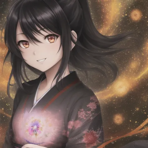 art by yaguru magiku, A girl wearing a black yukata, angry smile, in the style of Kyoto Animation in the 2010s, official art, ((((black hair)), eyes of Haruhi Suzumiya, face of Haruhi Suzumiya)), beautiful symmetric face, ponytail, in the universe with stars and galaxies, psychedelic art, rainbows, transcendence, alone, solo, 8k, posing of Haruhi Suzumiya