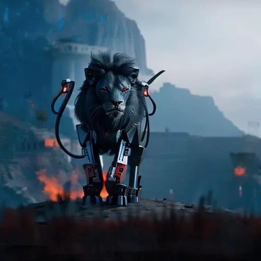 lion anatomy, muscular body, black lion, robot lion, robotic many parts, lateral position, made of metal, corpulent, standing on a cliff, ultra detailed, rusty metal, glowing red eyes, many parts, 4k, hd,realistic glowing red eyes, rusty metal, highly detailed, intricate, sharp focus, good lighting, metallic mane, black mane high quality, ultra details, metallic lion face, 1 lion
