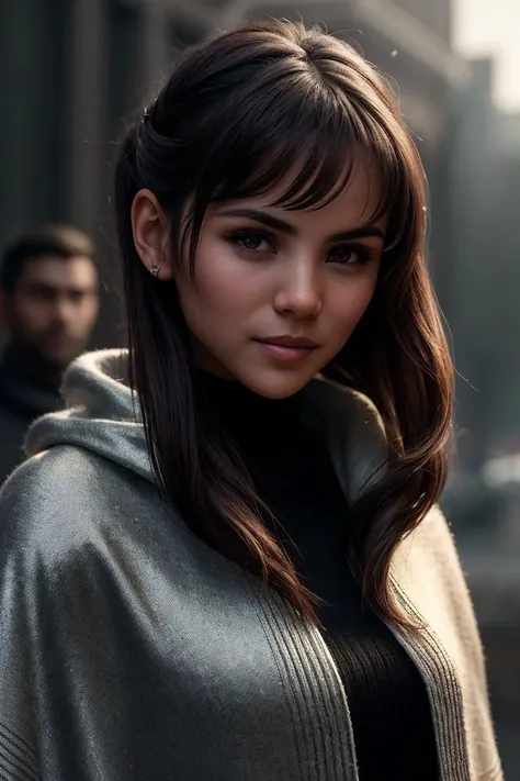beautiful woman (EPV1ndyKr3jc1:.99): a woman at an (Samoan grill:1.1), perfect space buns, wearing sexy silver (Wool Poncho), (people in background:1.1), (face focus), modelshoot style, (extremely detailed CG unity 8k wallpaper), professional majestic (photography by Edward Corbett:1.1), 24mm, exposure blend, hdr, extremely intricate, High (Detail:1.1), dramatic, soft cinematic light, (looking at viewer), (detailed pupils), 4k textures, soft cinematic light, elegant, ((((cinematic look)))), soothing tones, insane details, hyperdetailed, ("In Jernau we trust!":1.1)