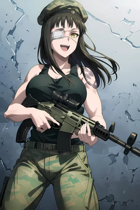 (masterpiece:1.2, best quality), (finely detailed eyes), (detailed face), colorful, hyper detail, intricate details, anime screencap, anime key visual, 1 girl, solo, <lora:Valmet:1>, valmet, (evil smile, open mouth, crazy), (large breasts), (eyepatch), black hair, long hair, yellow eyes, camouflage tank top, camouflage pants, black belt, detailed tattoo, green military cap, thick thighs, muscular, (assault_rifle:1.3), holding gun, <lora:BetterGuns-V1:0.6>, dutch angle shot, detailed warzone background, <lora:more_details:0.4>,