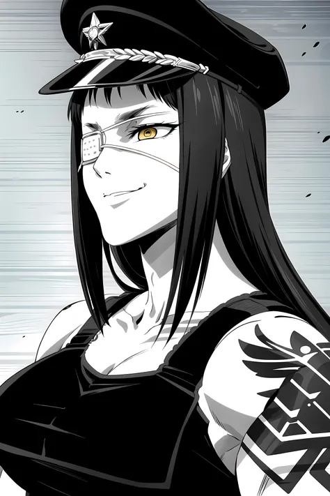 (masterpiece:1.2, best quality), (finely detailed eyes), (detailed face), colorful, hyper detail, intricate details, anime screencap, anime key visual, 1 girl, solo, <lora:Valmet:1>, valmet, (smug, crazy, confident), (large breasts), (eyepatch), black hair, long hair, yellow eyes, camouflage tank top, detailed tattoo, green military cap, muscular, upper body, IncursioGigaLookingLeft, monochrome, greyscale, <lora:GigaChad_Looking_Left:1>, <lora:more_details:0.4>,