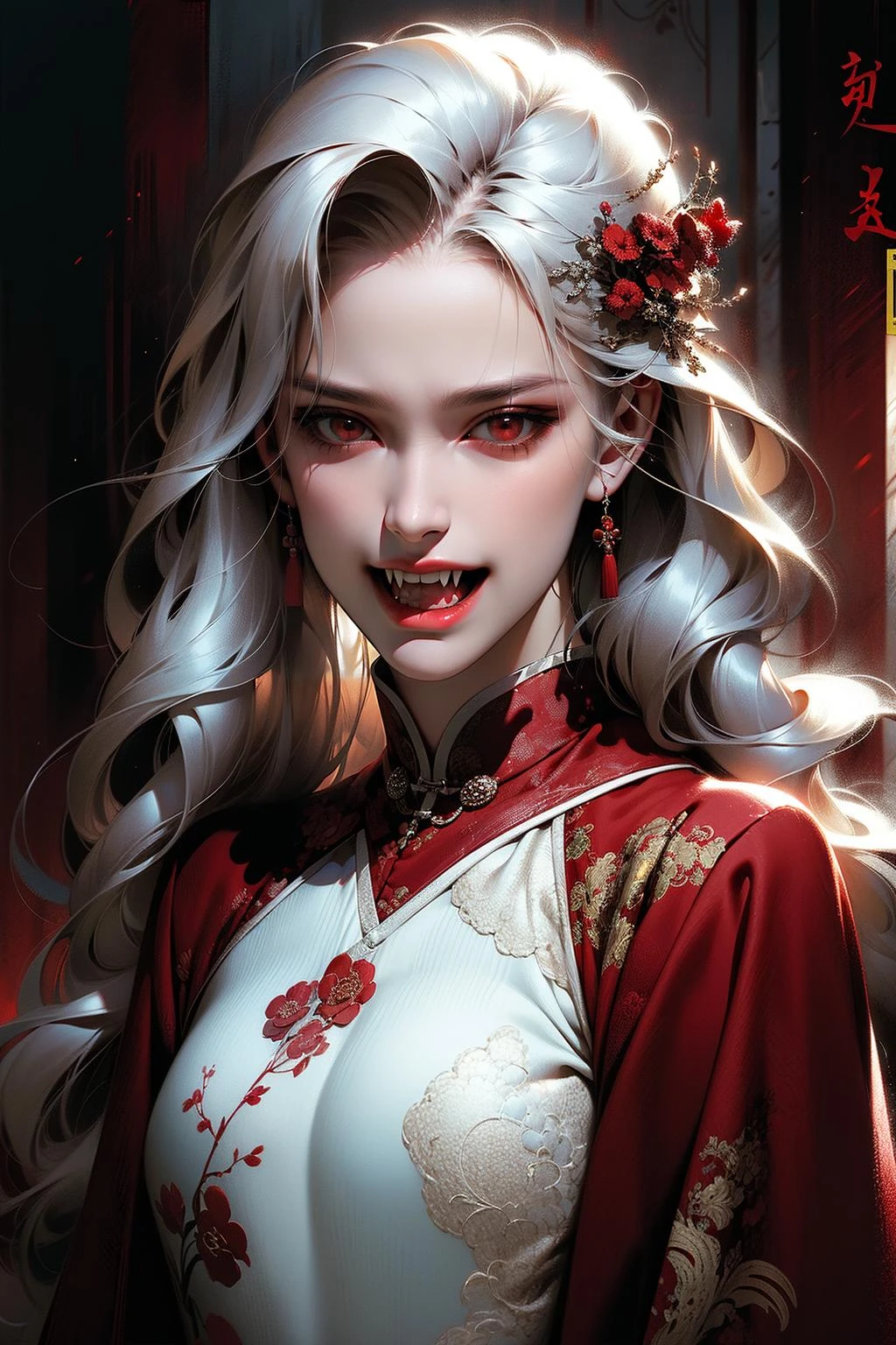 masterpiece,best quality,ultra-detailed,1girl,md,by the lake,chinese clothing,white hair,<lora:20231008-1696753536071-0005:0.8>,upper body,red eyes/fangs,