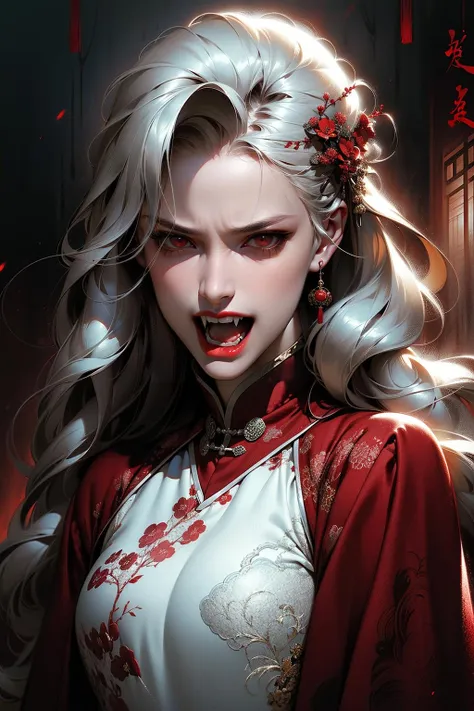 masterpiece,best quality,ultra-detailed,1girl,md,by the lake,chinese clothing,white hair,<lora:20231008-1696753536071-0005:0.8>,upper body,red eyes/fangs/anger,