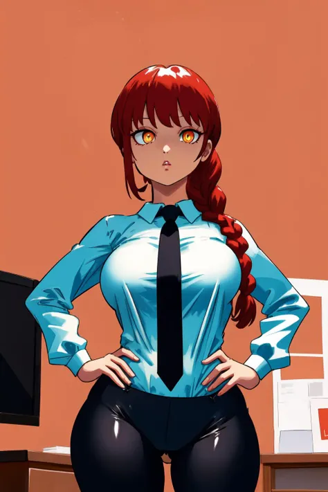 <lyco:Makima:1>, makimav1, single braid, orange eyes, ringed eyes, white collared shirt, cowboy shot, black pants, black necktie, contrapposto, wide hips, large breasts, office background, hands on hips, <lyco:Minus8Style-step00003000:1.3>