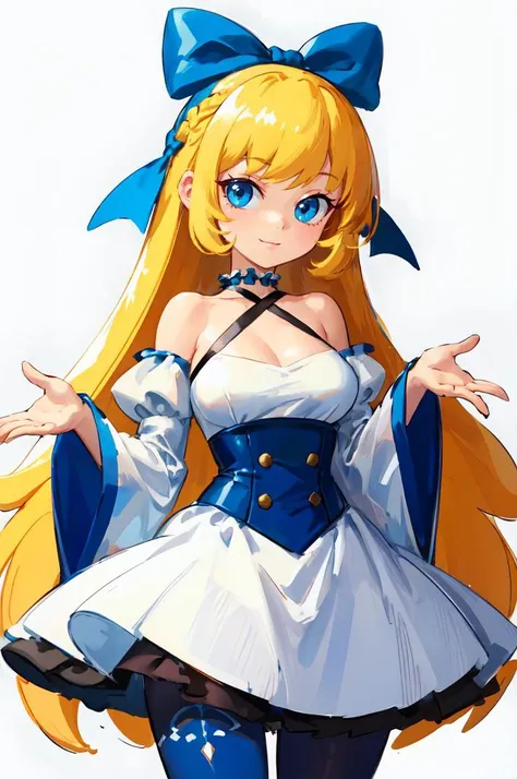 ultra detailed, masterpiece, best quality, solo, soft smile, light smile, white and blue theme,
1girl, blue eyes, very long hair, blonde hair, long blonde hair, french braid, bangs, medium breasts,
hair ribbon, frilled choker, criss-cross halter, sleeveless dress, high-waist skirt, backless dress, waist bow, detached sleeves, frilled sleeves, wide sleeves, pantyhose, patterned legwear, mary janes, <lora:Minus8Style:1>, cowboy shot,