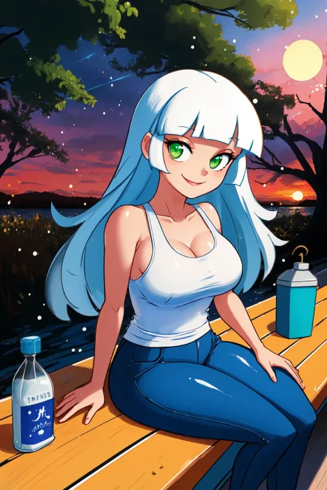 long hair, white hair, green eyes, sitting on boardwalk, sunset, light particles, fireflies, volumetric lighting, tank top, large breasts, smile, sparkling eyes, blunt bangs, <lyco:Minus8Style-step00003000:1.3>