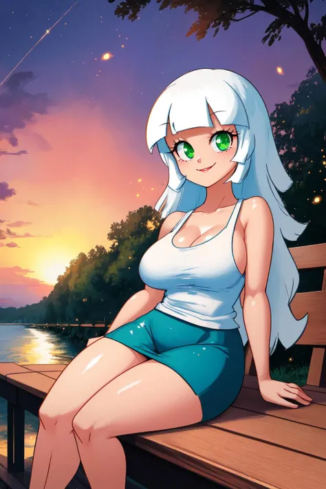 long hair, white hair, green eyes, sitting on boardwalk, sunset, light particles, fireflies, volumetric lighting, tank top, large breasts, smile, sparkling eyes, blunt bangs, <lyco:Minus8Style-step00003000:1.3>