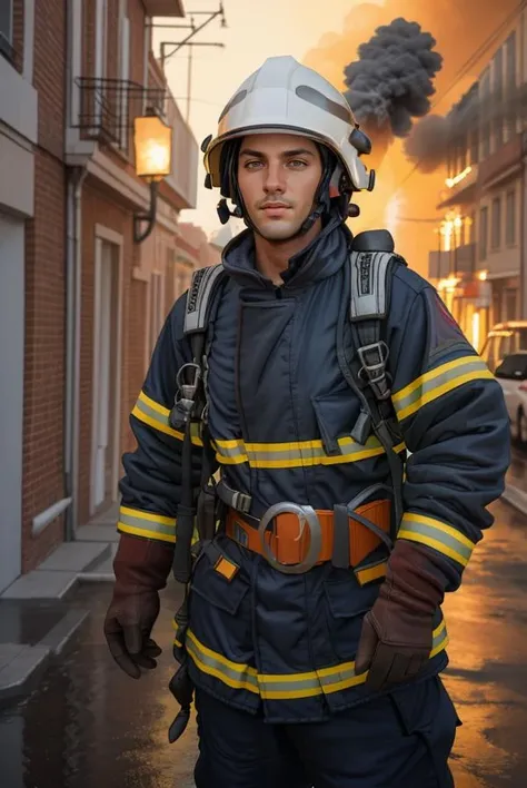 portrait of a handsome   fireman is fighting a fire in a burning building, dressed in PBZN_SD_MODEL_2 CLOTHES, short hair, looking at right, backlit , clutching a big fire hose, unity 8k wallpaper, ultra detailed, aesthetic, masterpiece, best quality, hyperrealistic and intricate detail, character design, highly detailed, digital 3d, hard surface, real-time, vfx, volumetric lighting, ambient light, ultra hd, hdr, depth of field, <lora:PBZN_SD_MODEL_2:0.751>