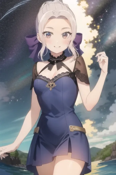 <lora:shino-000004:0.8>,((masterpiece,best quality, detailed)), cowboy shot, (1girl:1.2), solo, (seductive smile:1.3), breasts, standing, looking at viewer, (sea:1.3),(starry sky:1.3) ,
