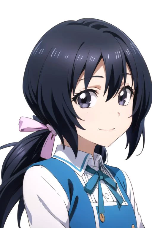 solo, 1girl, looking at viewer, 2D, anime, anime coloring, upper body, (simple background, solid white background:1.3), <lora:funabori-dfrag:0.7>, funabori, school uniform, smile