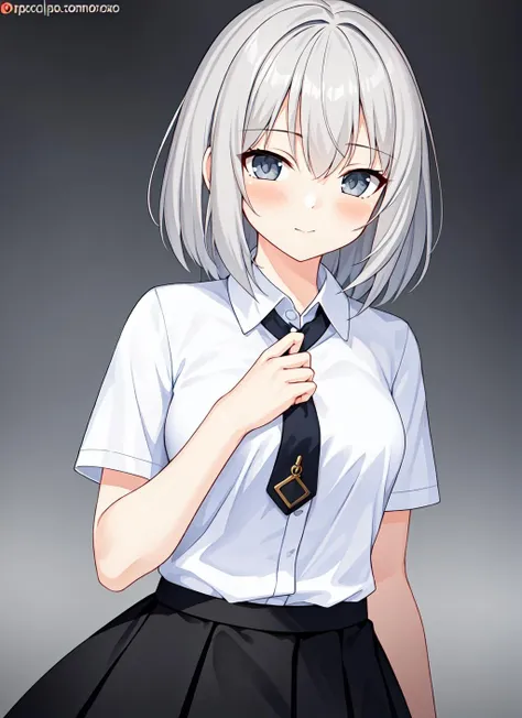 masterpiece,best quality,upper body,1girl,collared_shirt and flared_skirt as material3,grey theme,watercolor \(medium\),social media composition,grey hair,small breasts,no sclera,;\),between fingers