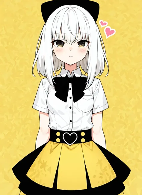 masterpiece,best quality,upper body,1girl,collared_shirt and flared_skirt as material2,yellow theme,flat color,polar opposites,mohawk,small breasts,black eyes,heart in eye,cowboy shot